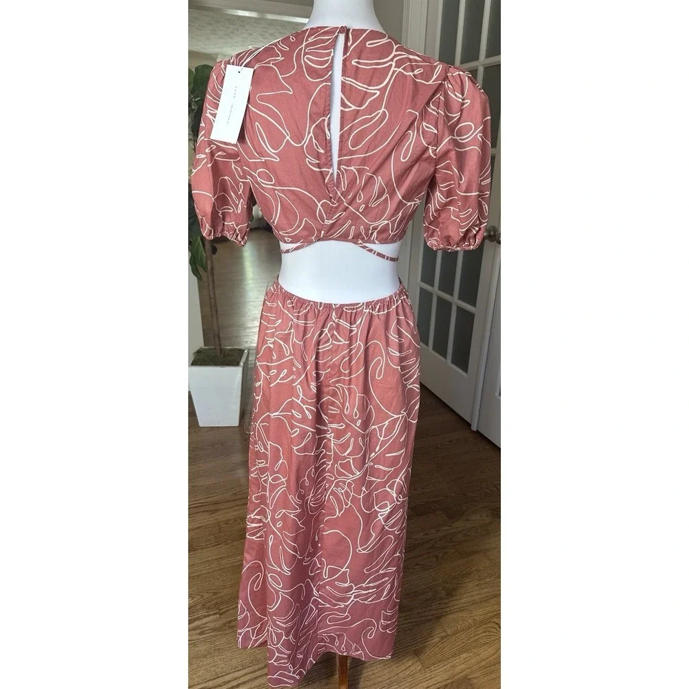 Lush Caramel Abstract Puff Sleeve Cutout Midi Dress Size M NWT 100% Cotton - Picture 7 of 12